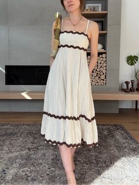 Sim and Sam linen rayon bled Cream Midi Sundress with Chocolate Trim xs to small